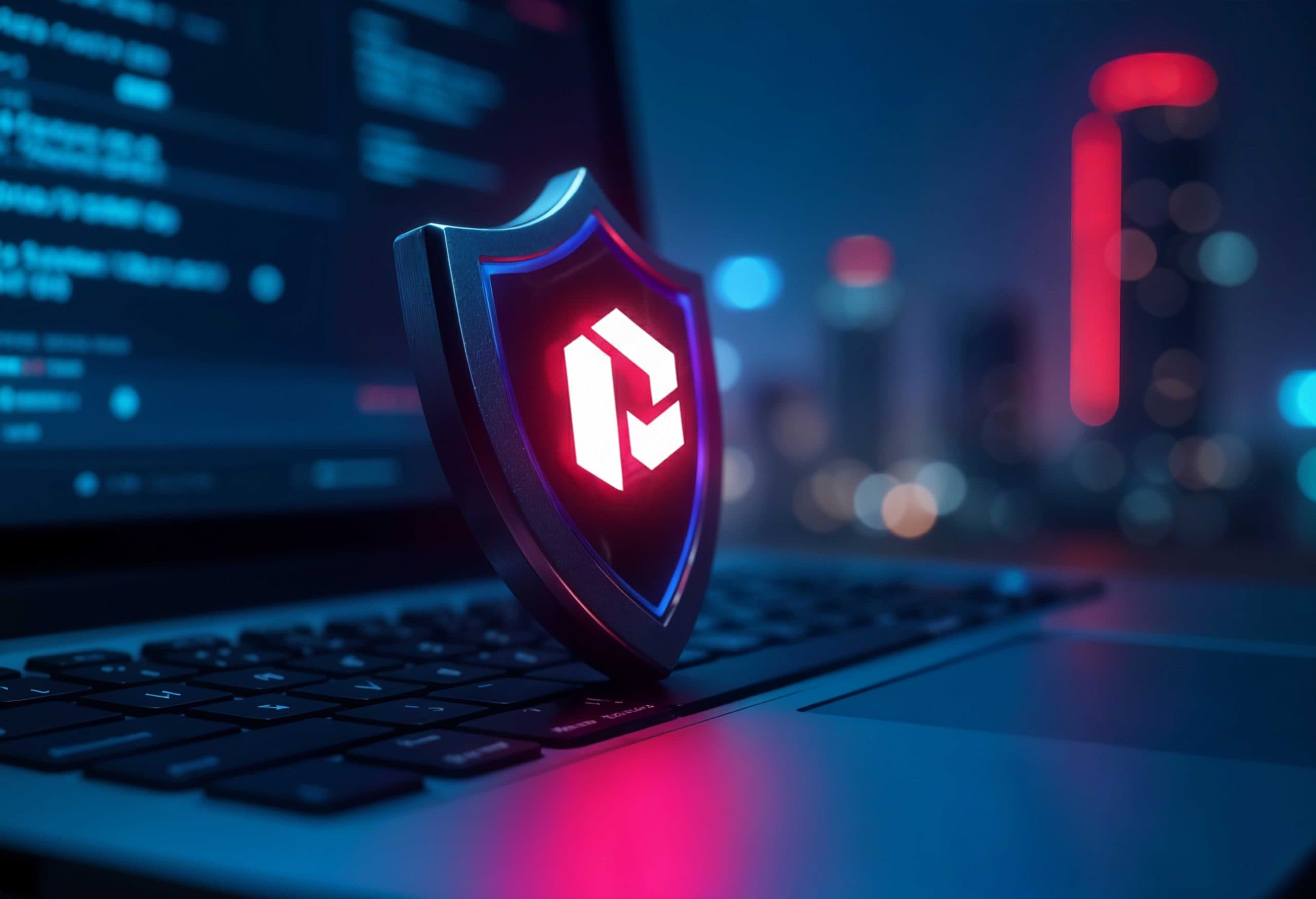 A glowing shield bearing the PentestBX mark, standing on a keyboard in front of a city skyline