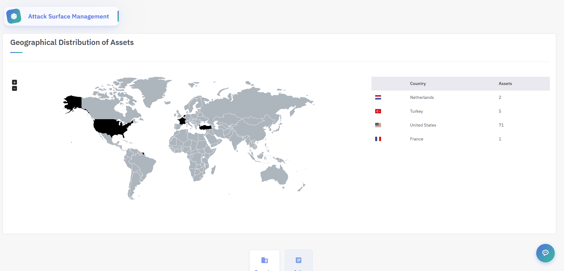 Geographical distribution of every discovered asset, with an asset count per country.