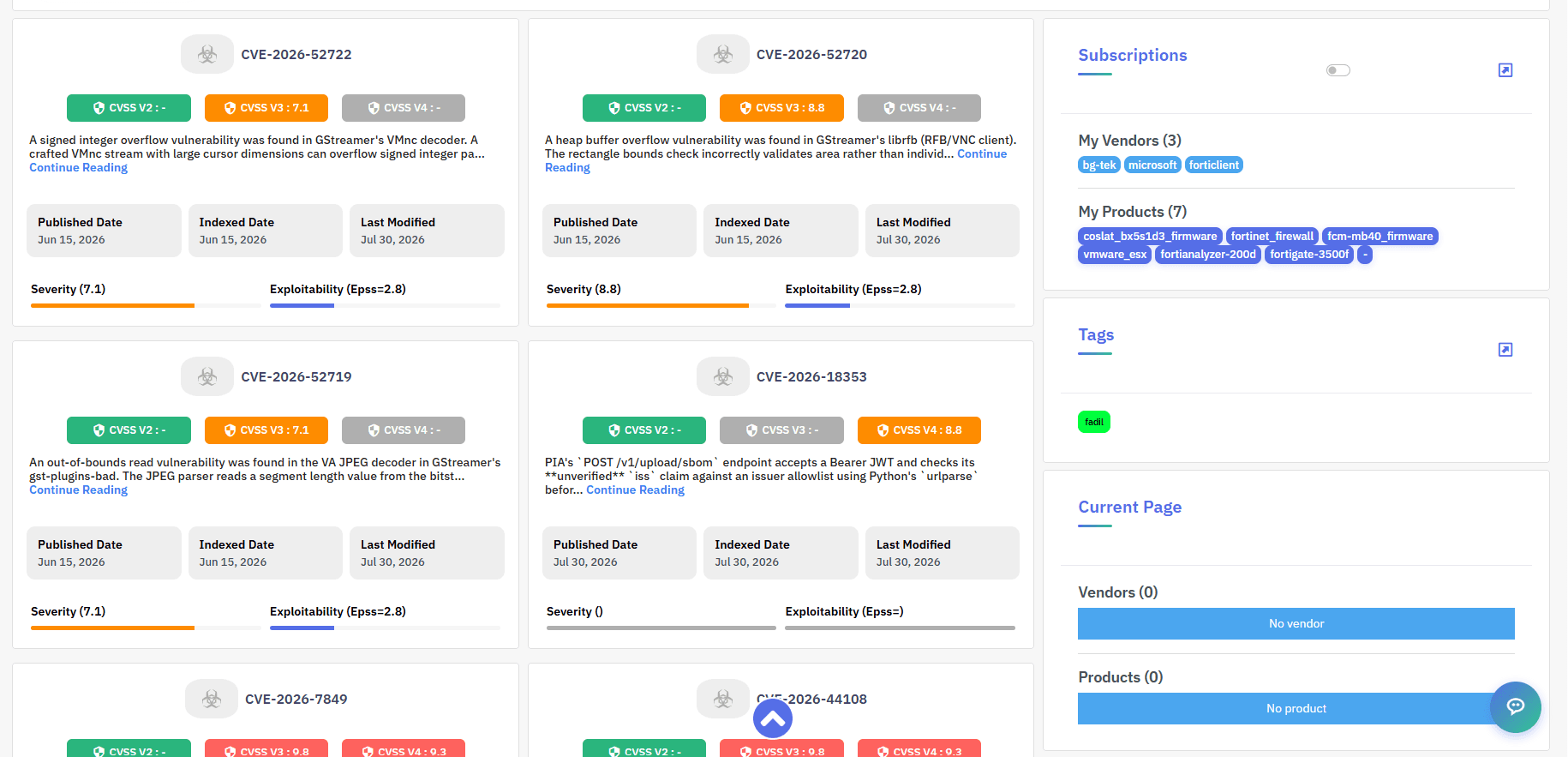 Each CVE with severity, EPSS exploitability and the vendors and products you subscribe to.