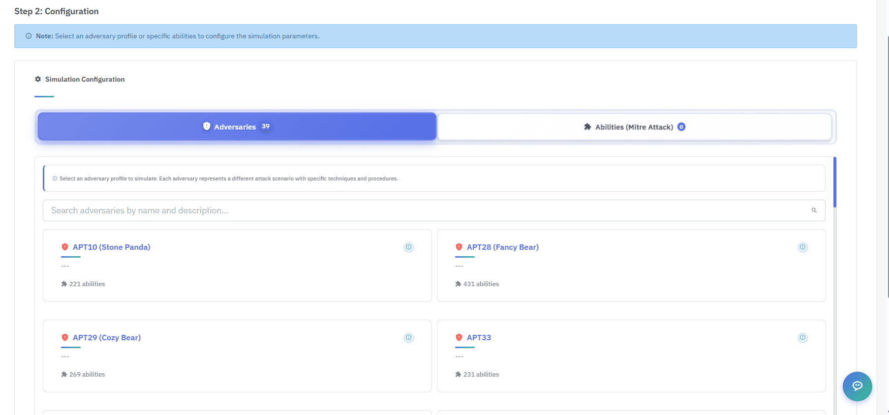 Start a simulation from one of 39 adversary profiles — APT10, APT28, APT29 and more.