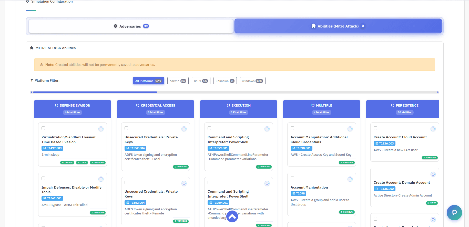 Or compose the run yourself from 1,879 MITRE ATT&CK abilities, filtered by tactic and platform.