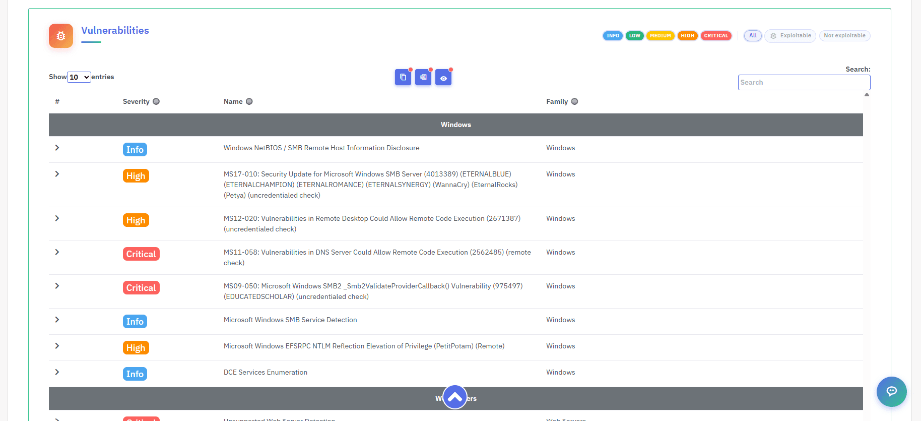 Findings grouped by platform with severity, CVE reference and an exploitable / not exploitable filter.
