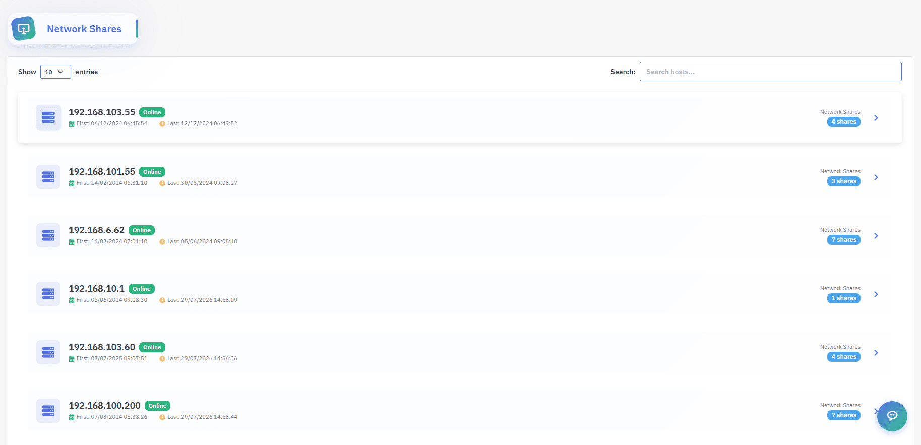 Every discovered host with its online state and the number of shares it exposes.
